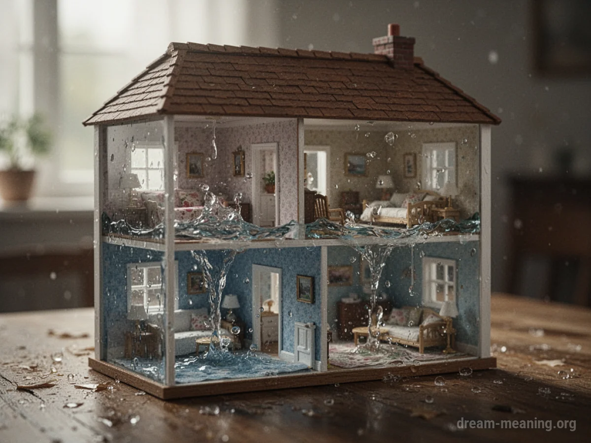 Water filling the interior of a small dollhouse.