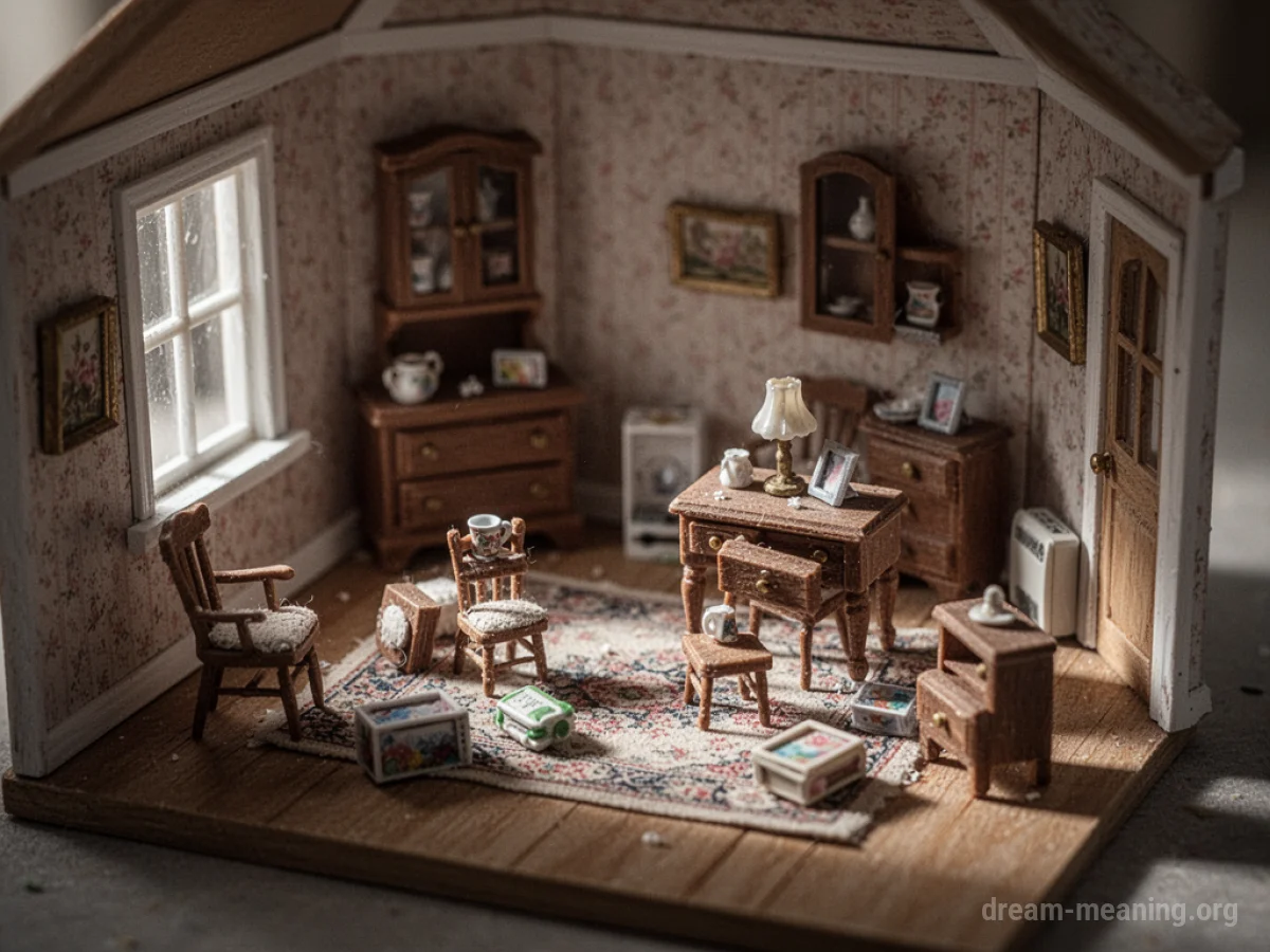 Tiny furniture pieces are disarranged within a small dollhouse room.