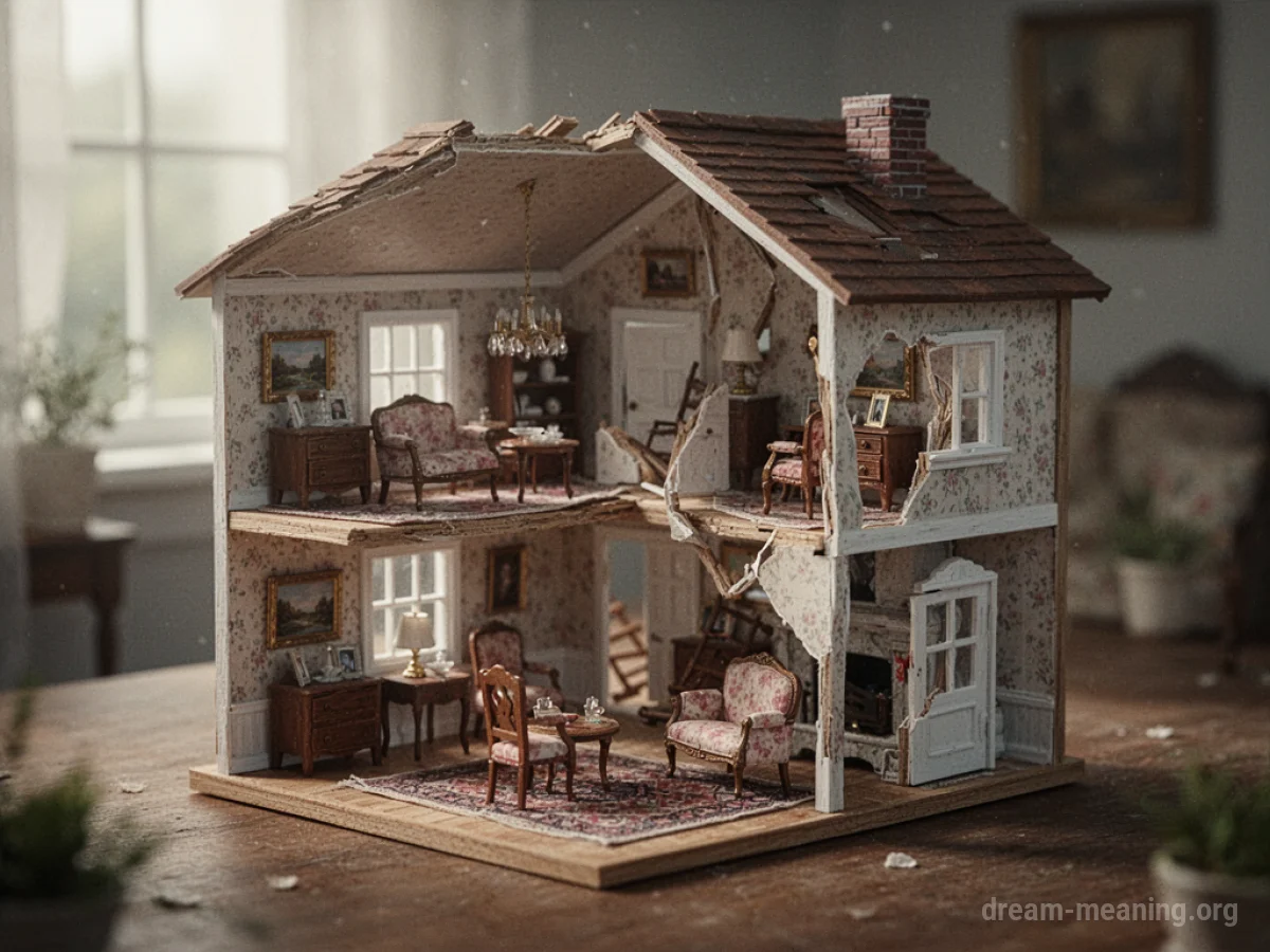 A miniature dollhouse undergoing a physical transformation with moving parts.