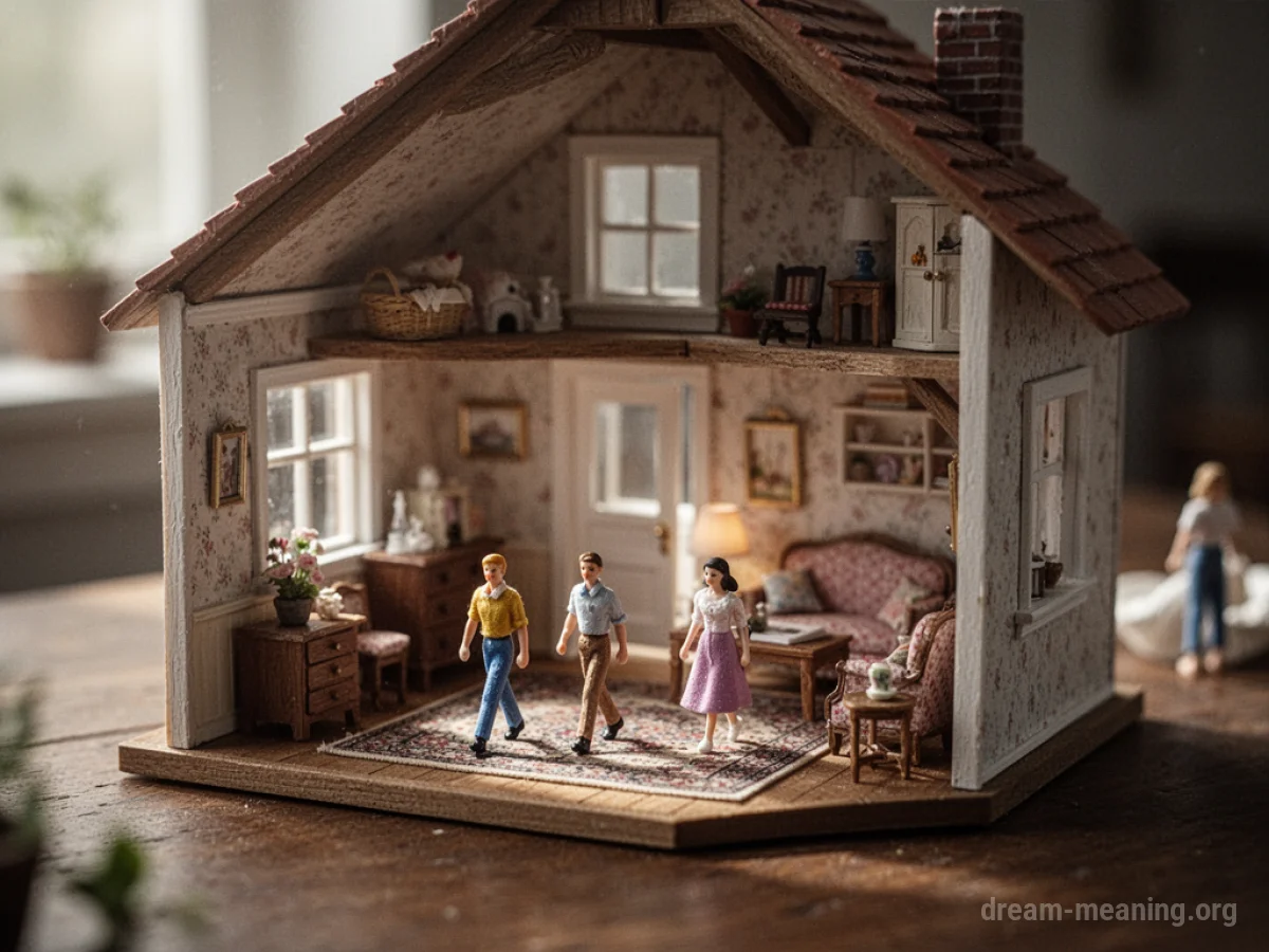 A miniature dollhouse interior with small dolls.
