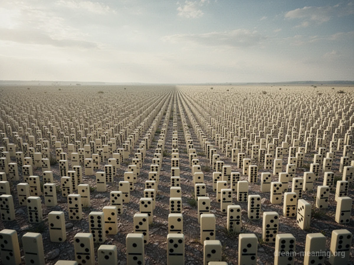Countless dominoes standing upright in a vast, flat expanse.
