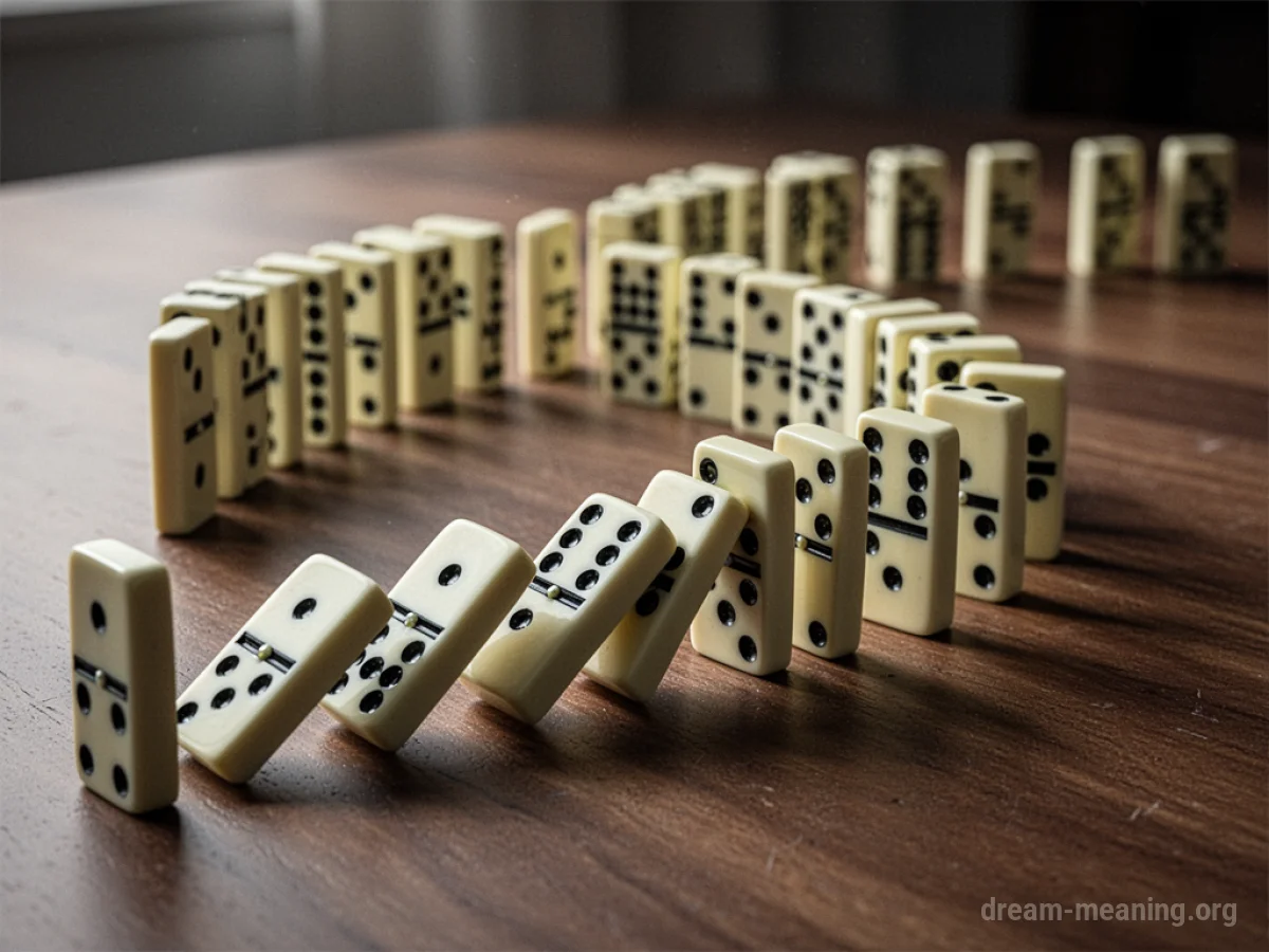 Standing dominoes arranged in a curved line, with some beginning to topple.