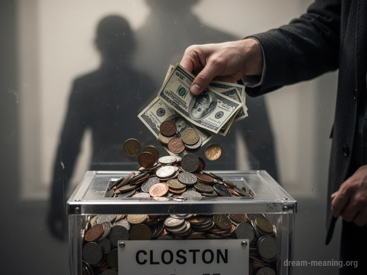 A hand dropping money into a box with a shadowy figure behind.