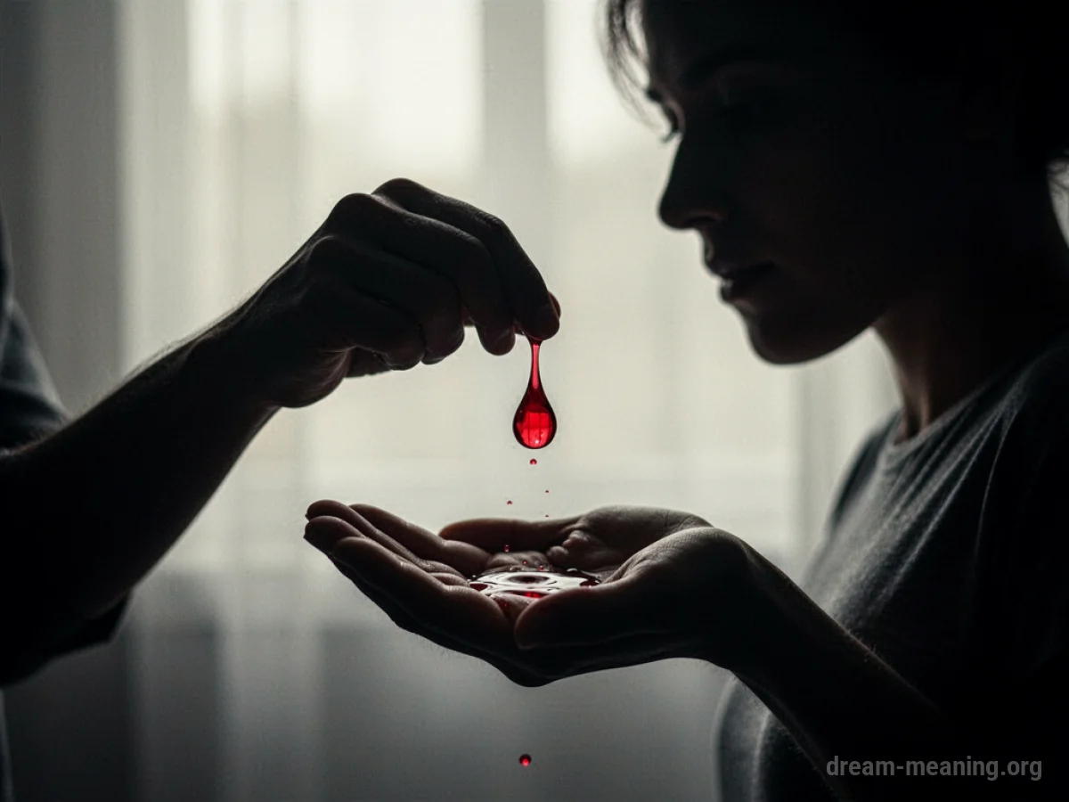 Silhouette of a hand receiving a single drop of red liquid.