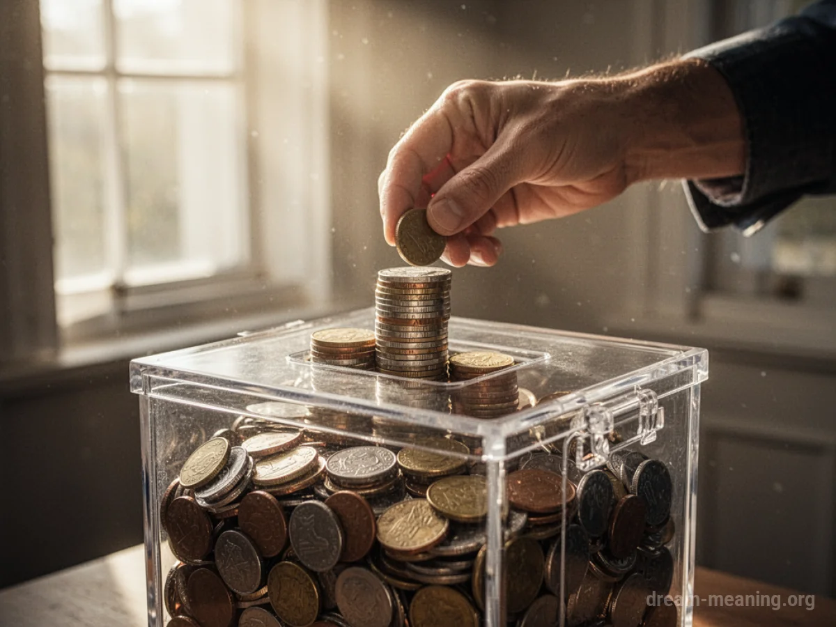 A hand dropping many coins into a donation box.