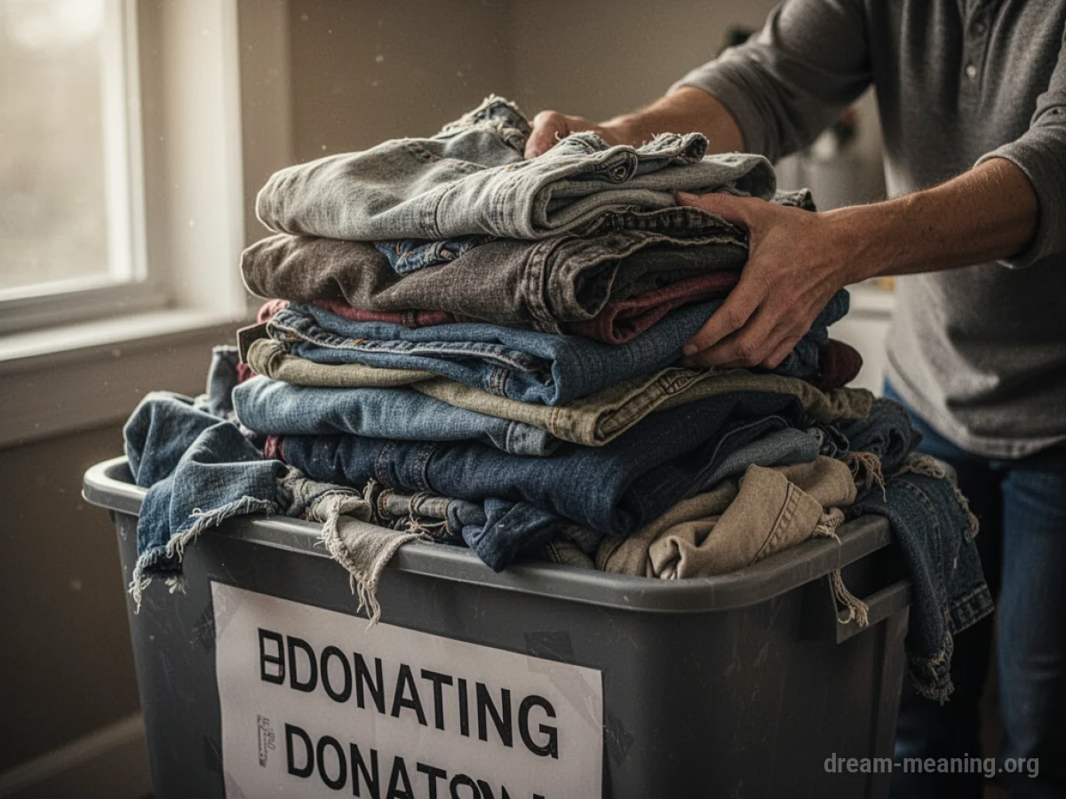 A pile of folded clothes being placed into a donation bin.