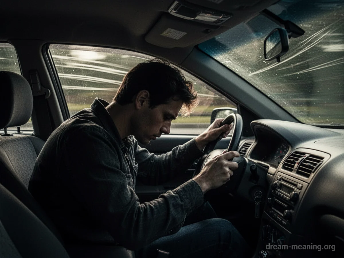 Silhouette of a driver slumped over a steering wheel inside a car.
