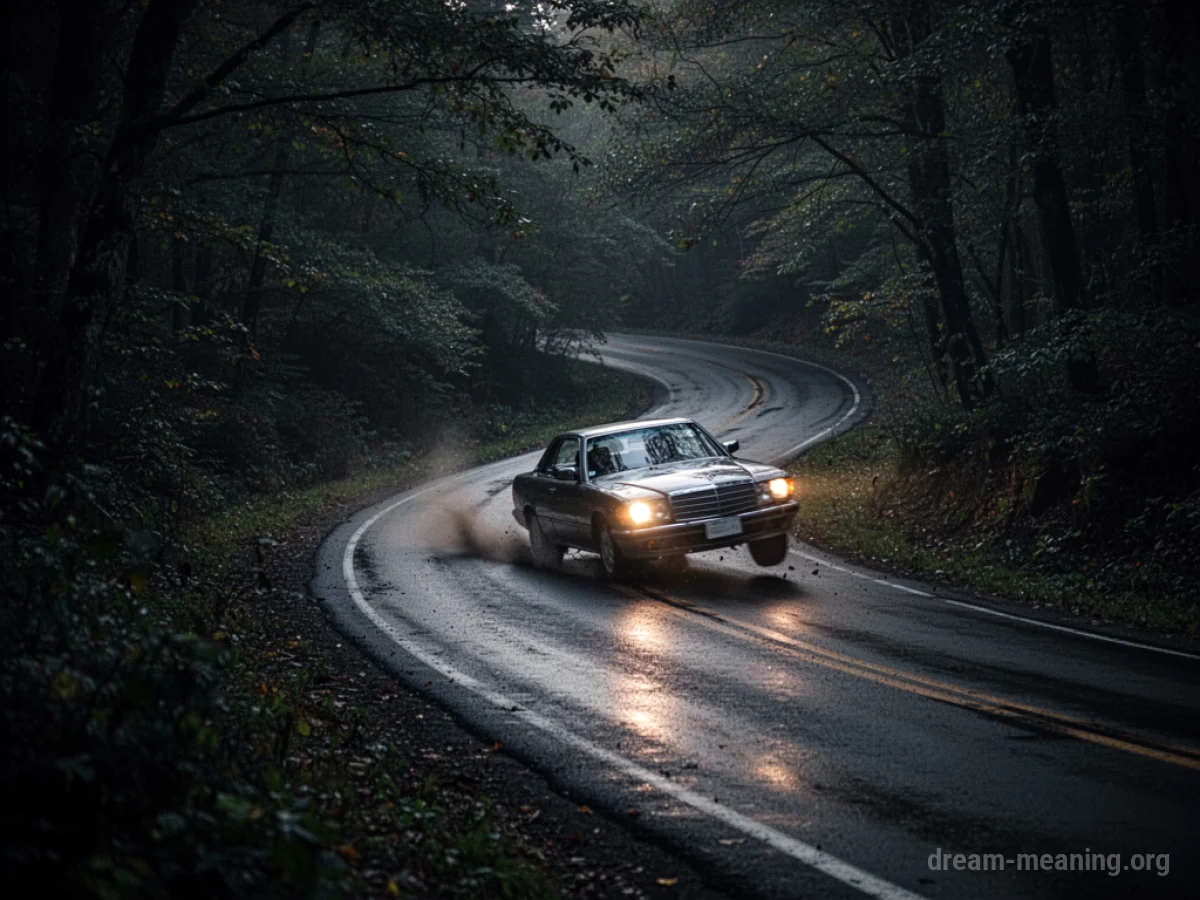 A car's headlights visible as it leaves a road at night.