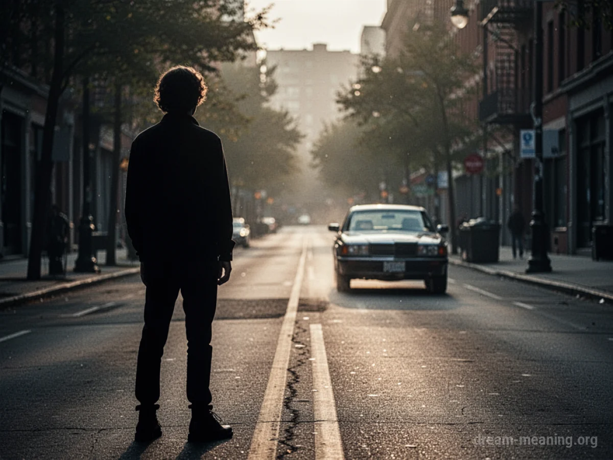 A car driving away from a person standing on the side of the road.