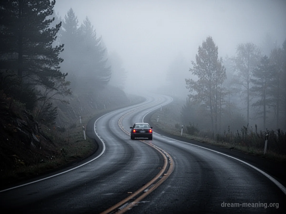 A car on a foggy, unlit road.