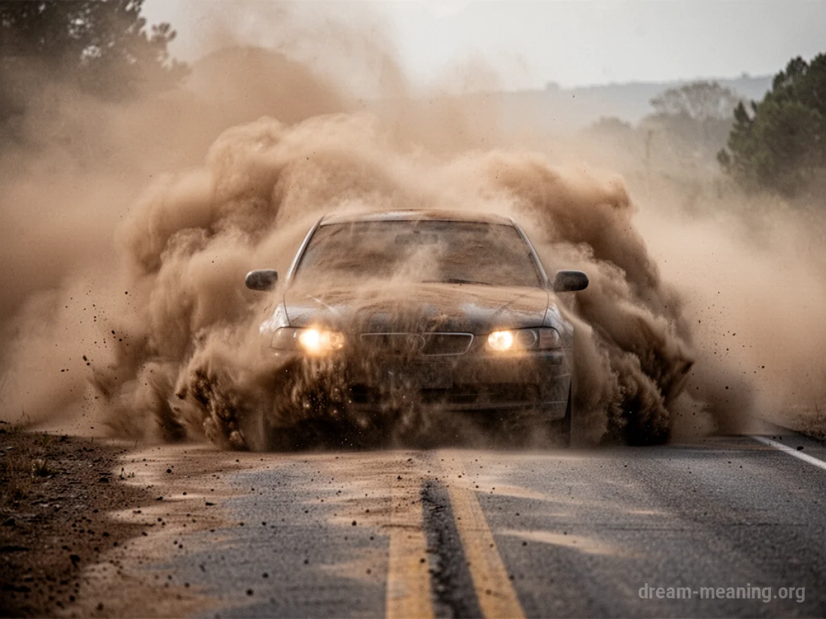 A car's headlights barely piercing through a dense wall of swirling brown dust on a road.
