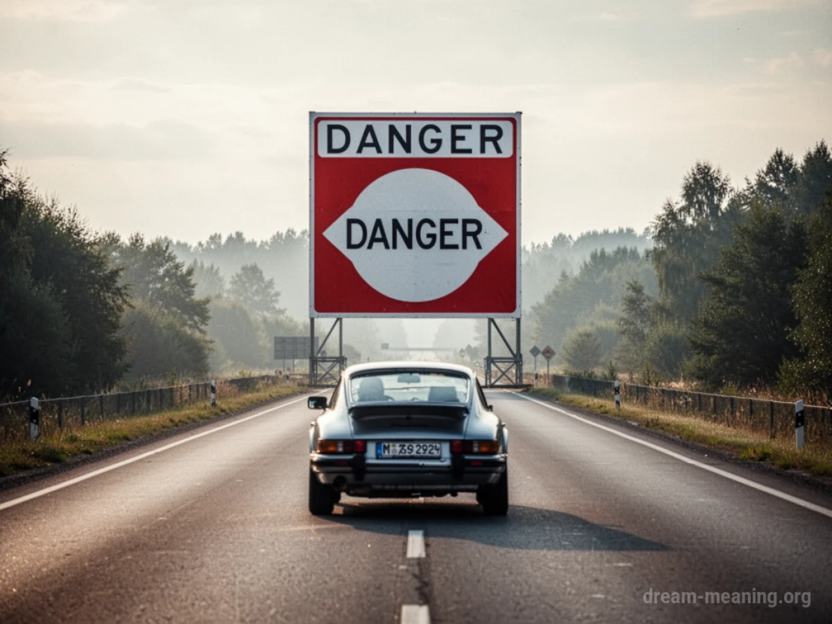 A car on a road with a red and white danger sign visible ahead.