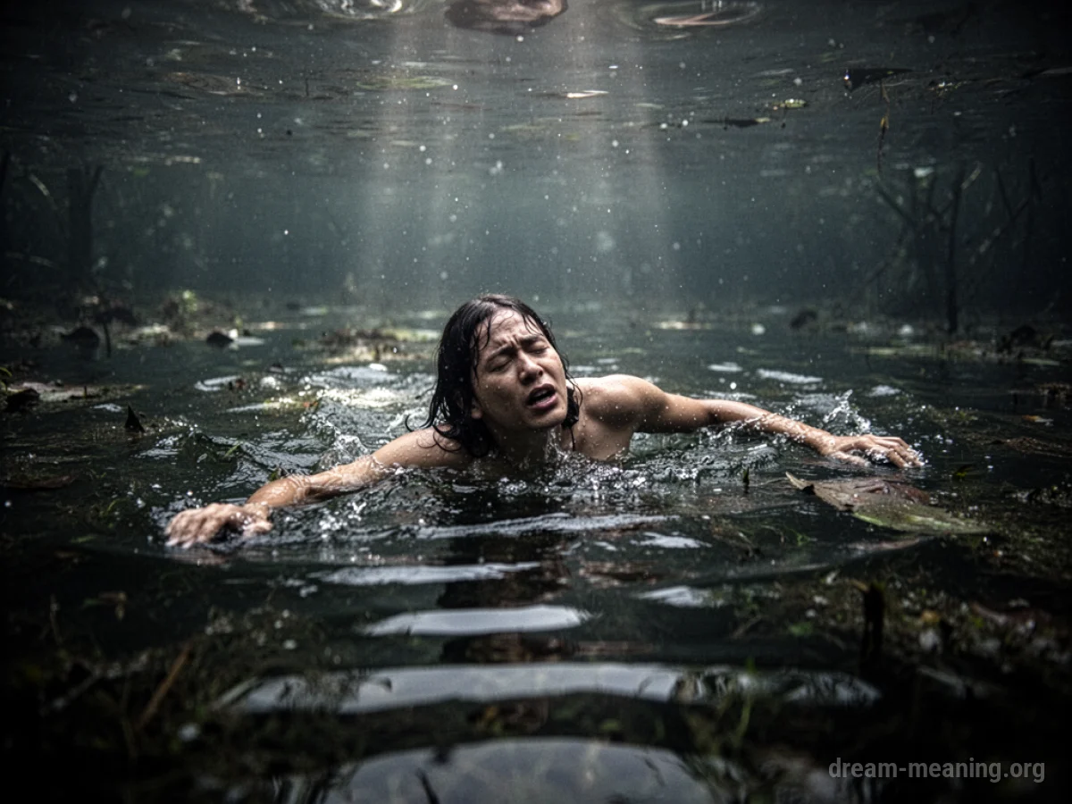 A silhouette of a person partially submerged in dark, cloudy water.