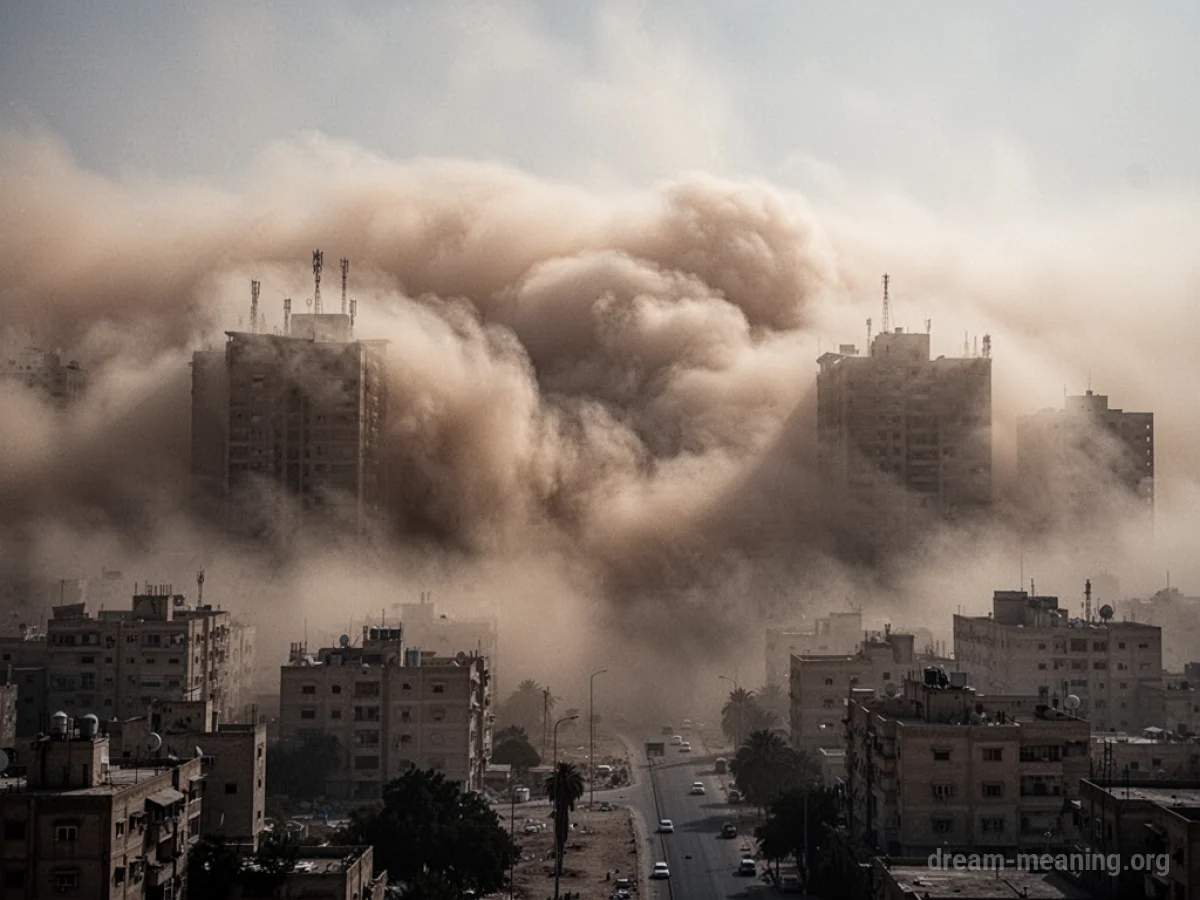 A dense dust storm covers a city skyline.