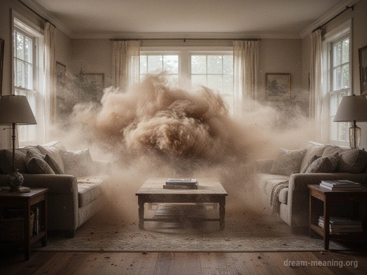 Dust storm swirling inside a house living room.
