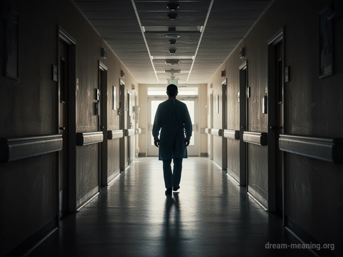 Silhouette of a person walking down a hospital corridor towards a bright light.