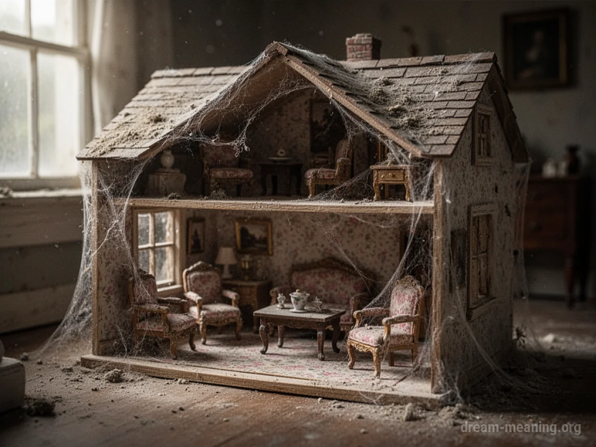 An empty dollhouse with dust and cobwebs on its miniature furniture.