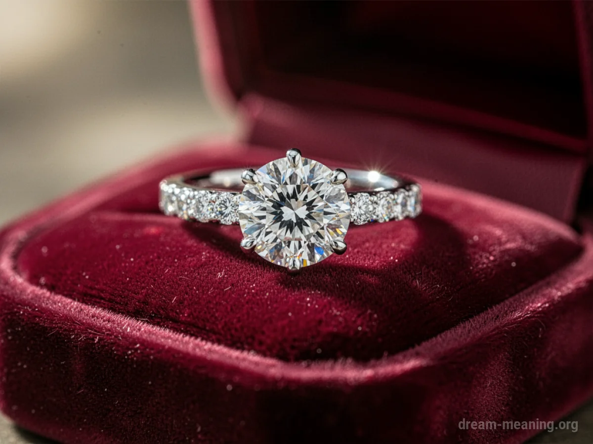 A diamond engagement ring on a cushion.