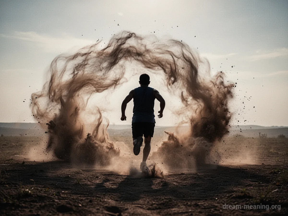 Silhouette of a person running from a dust cloud.