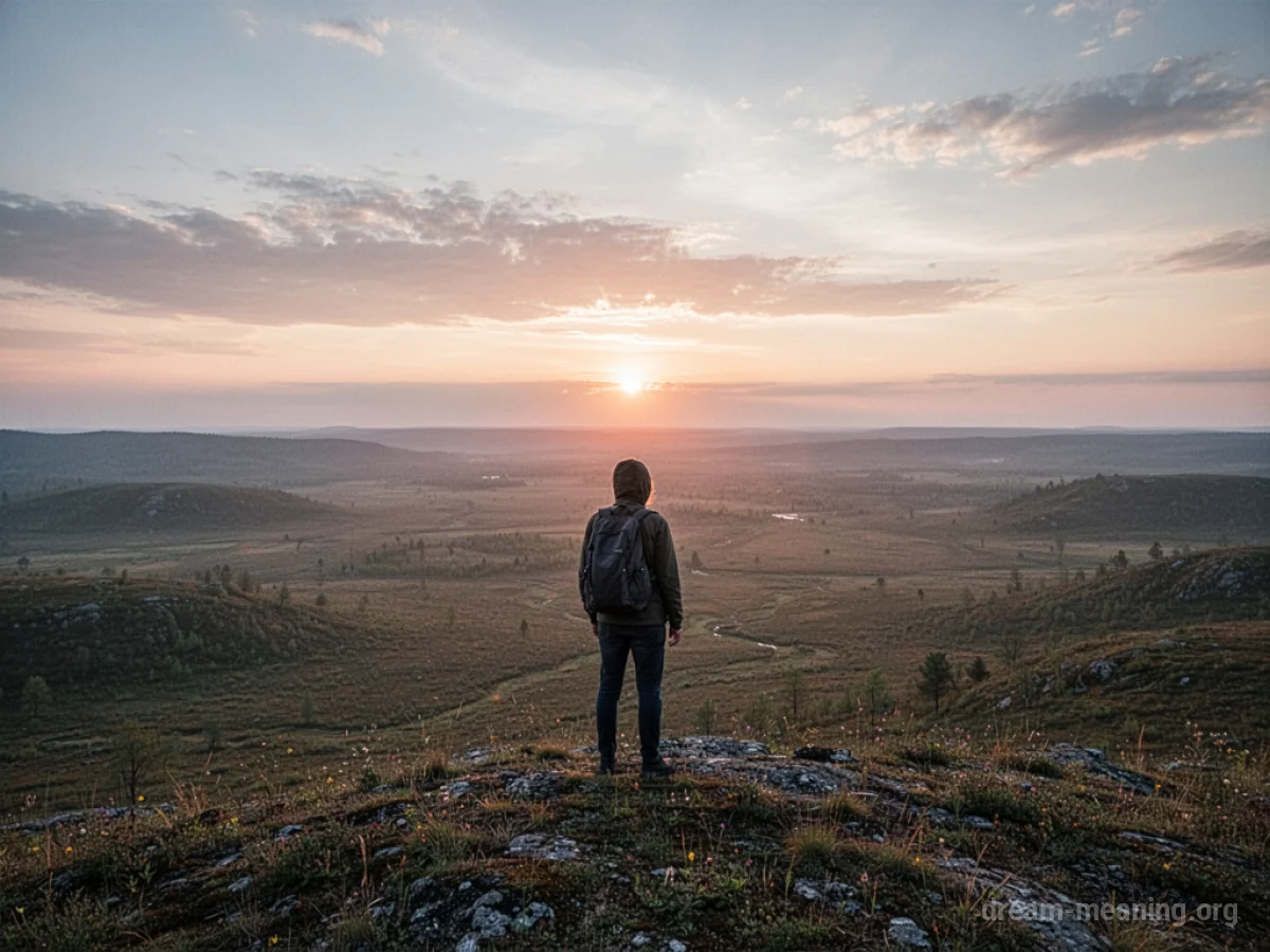 A silhouette of a person standing on a cliff overlooking a wide valley with mountains in the distance.