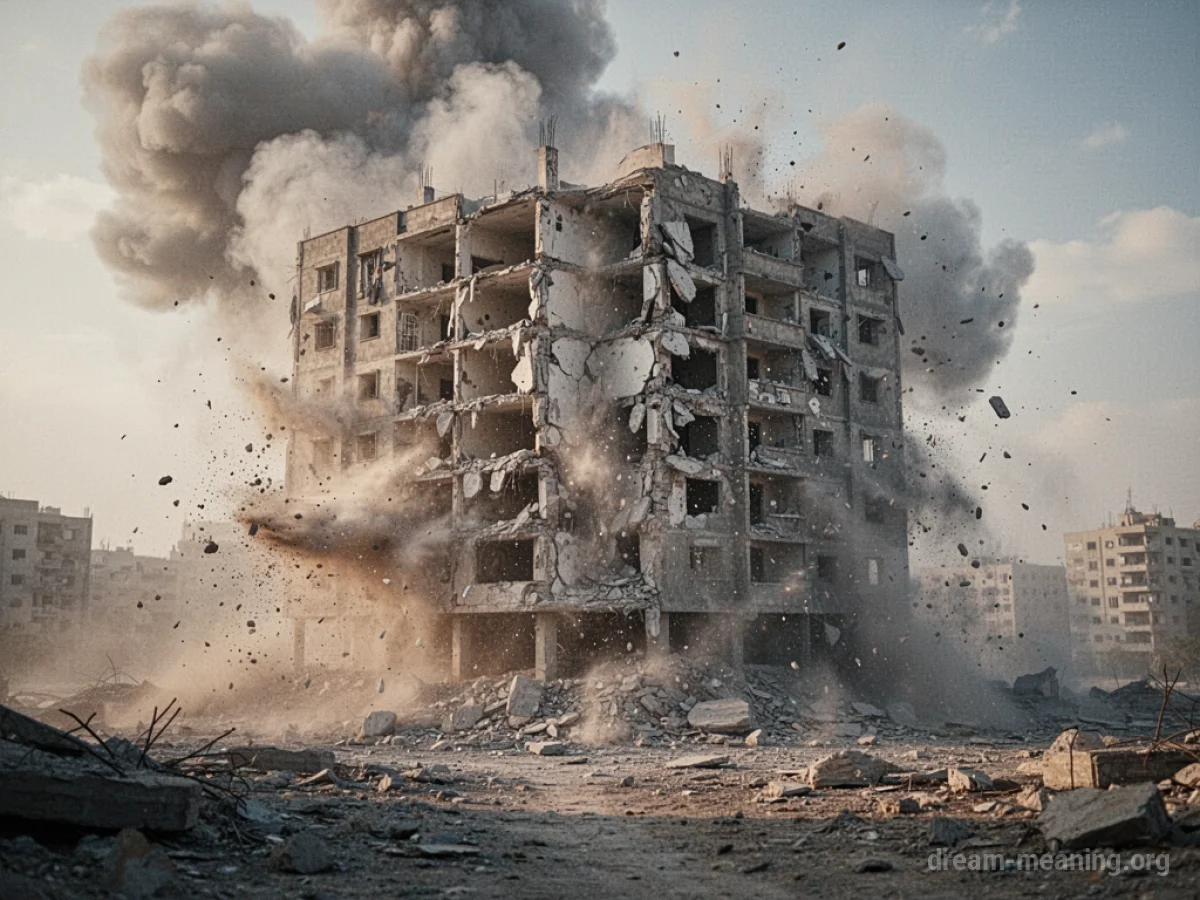 A large building being consumed by dust and debris.