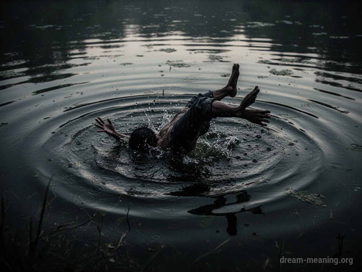 Silhouette of a person falling into dark, swirling water.
