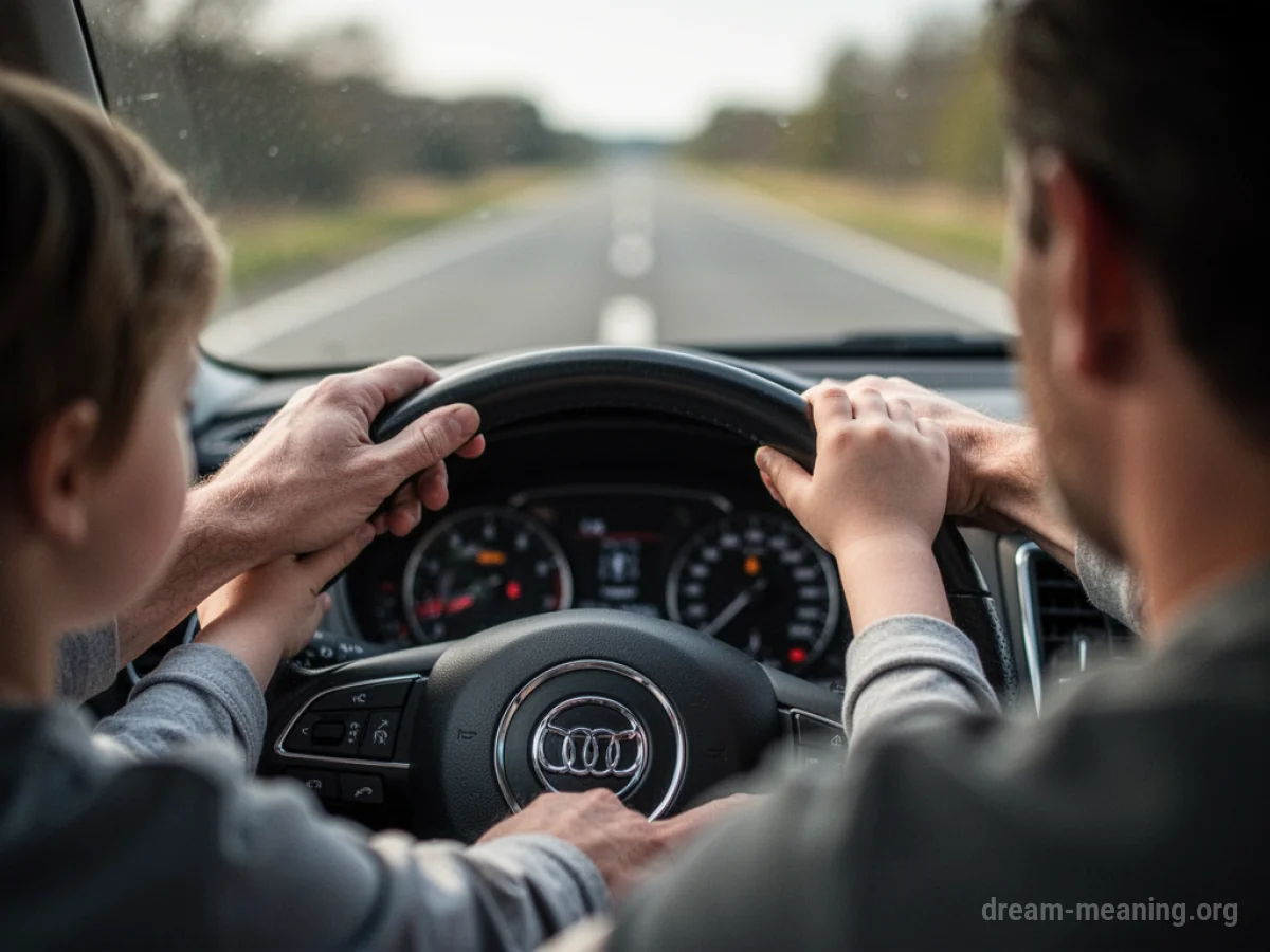 Hands on a steering wheel with another hand guiding from behind.