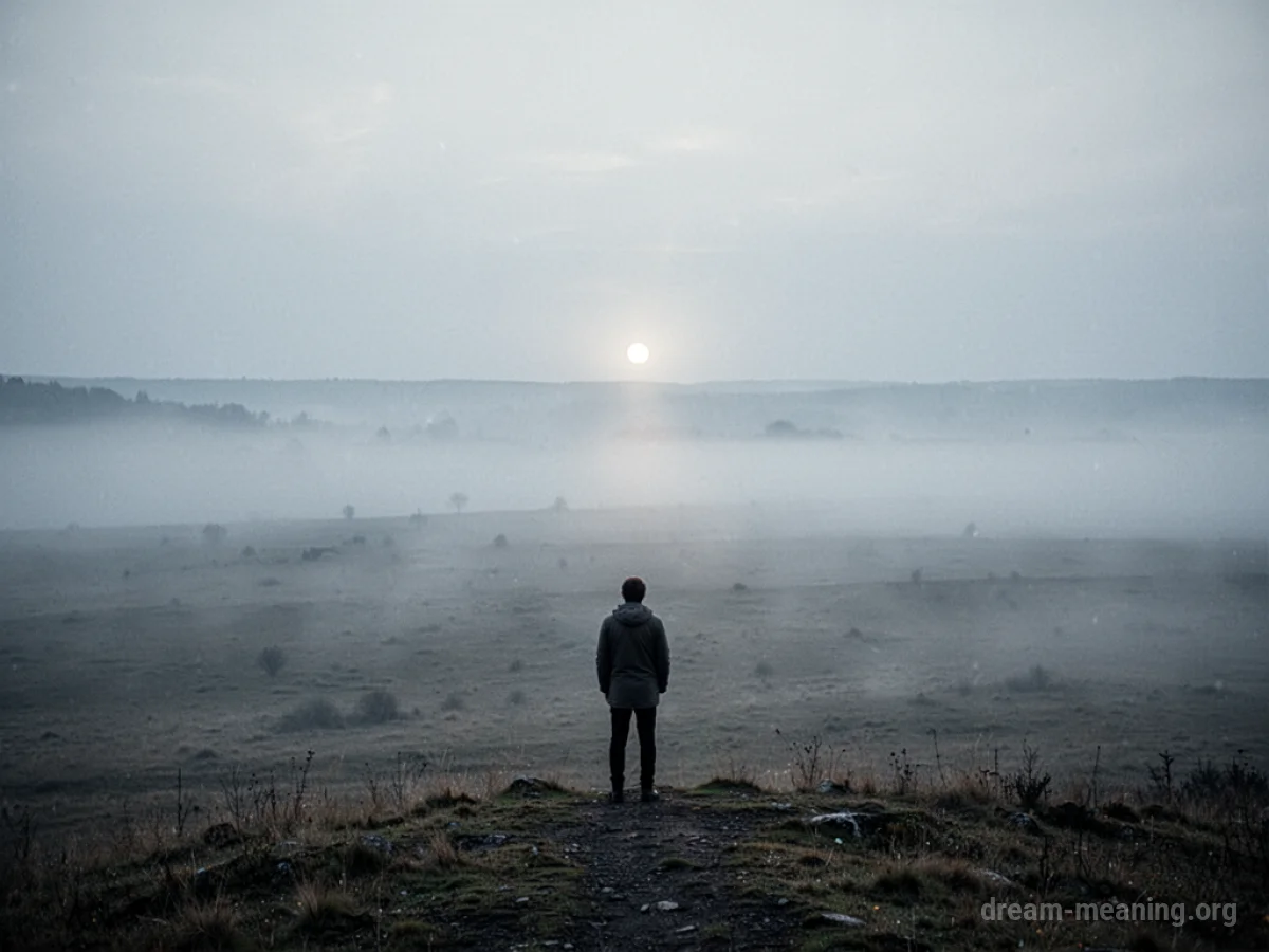 A silhouette of a person standing at the edge of a misty plain, facing a distant glow.