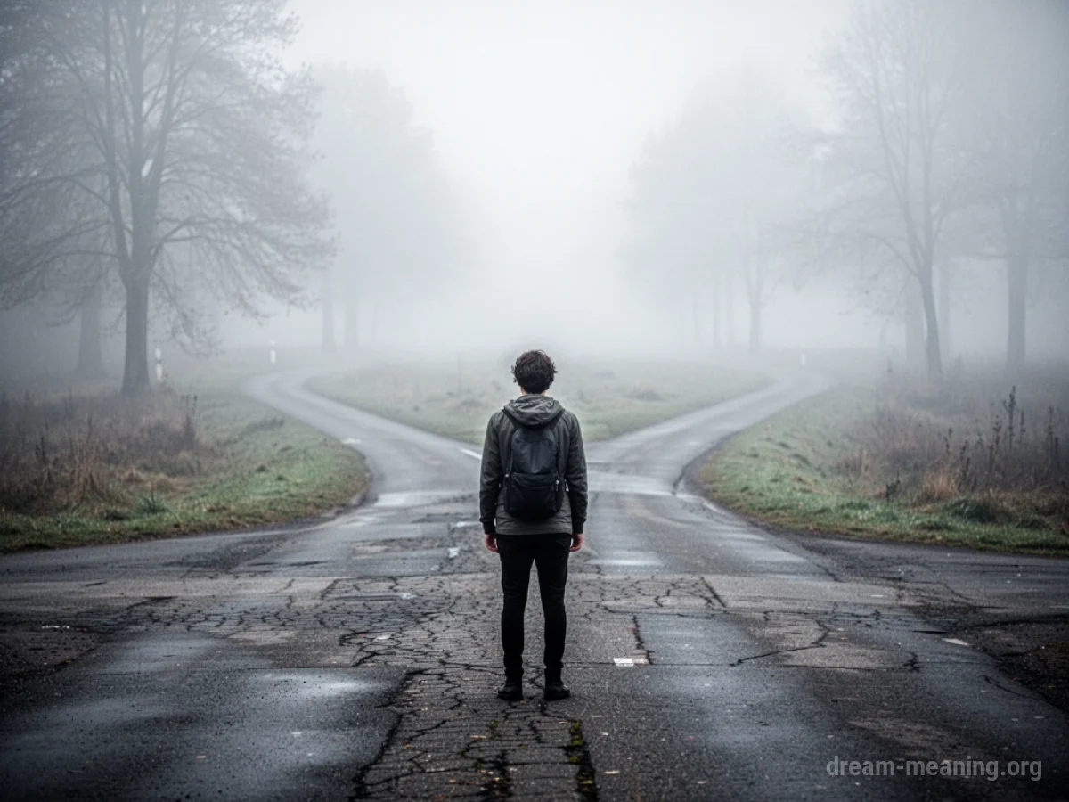 A person stands at a fork in the road with multiple paths disappearing into fog.