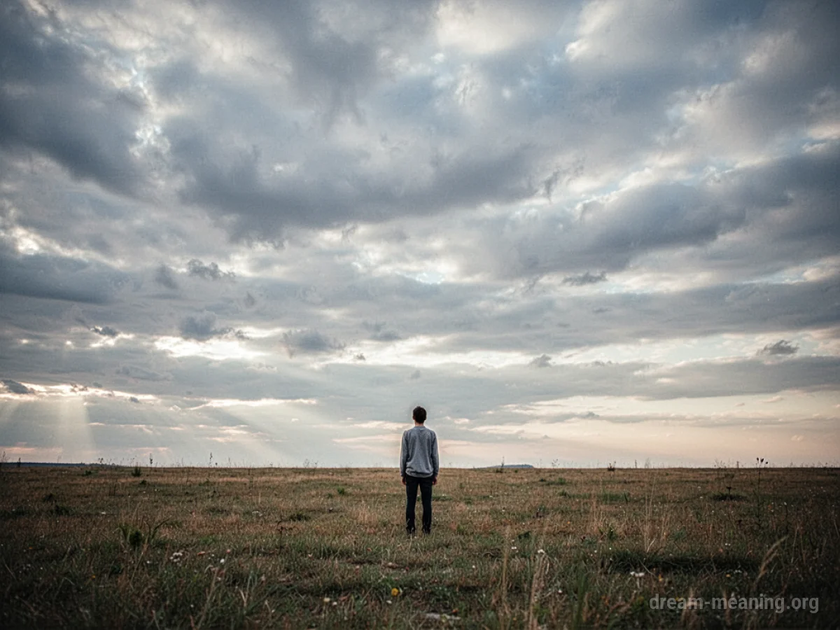 A person standing alone in a wide, empty field with a cloudy sky overhead.