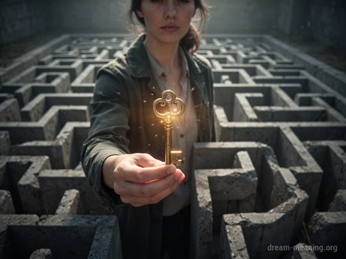 A hand holds a luminous key, positioned before a labyrinth.