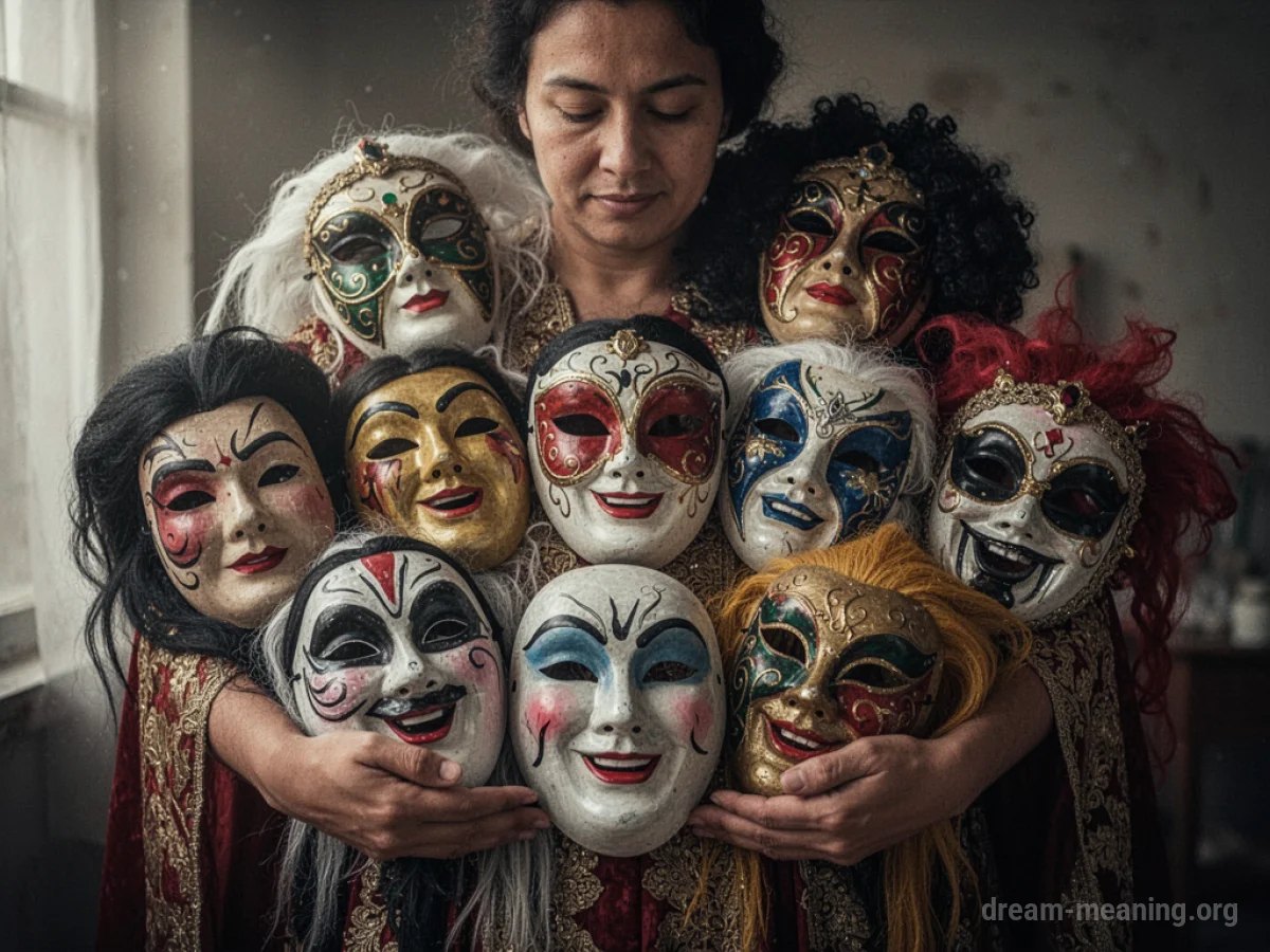 A person is surrounded by various masks and costumes.