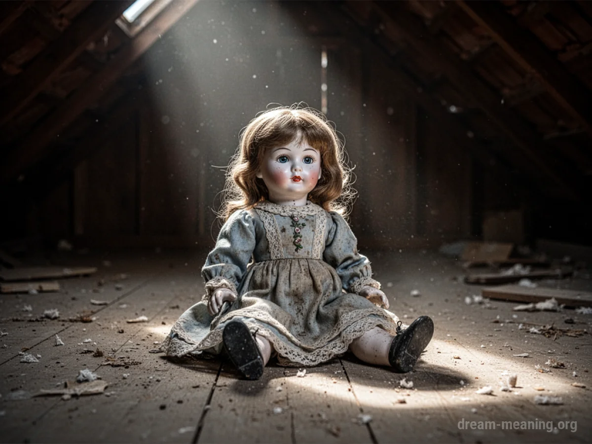 A porcelain doll rests on a wooden floor in a dimly lit room.