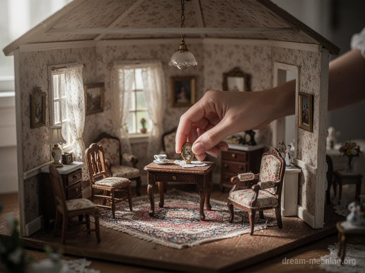 An interior view of a miniature dollhouse room with tiny furniture.