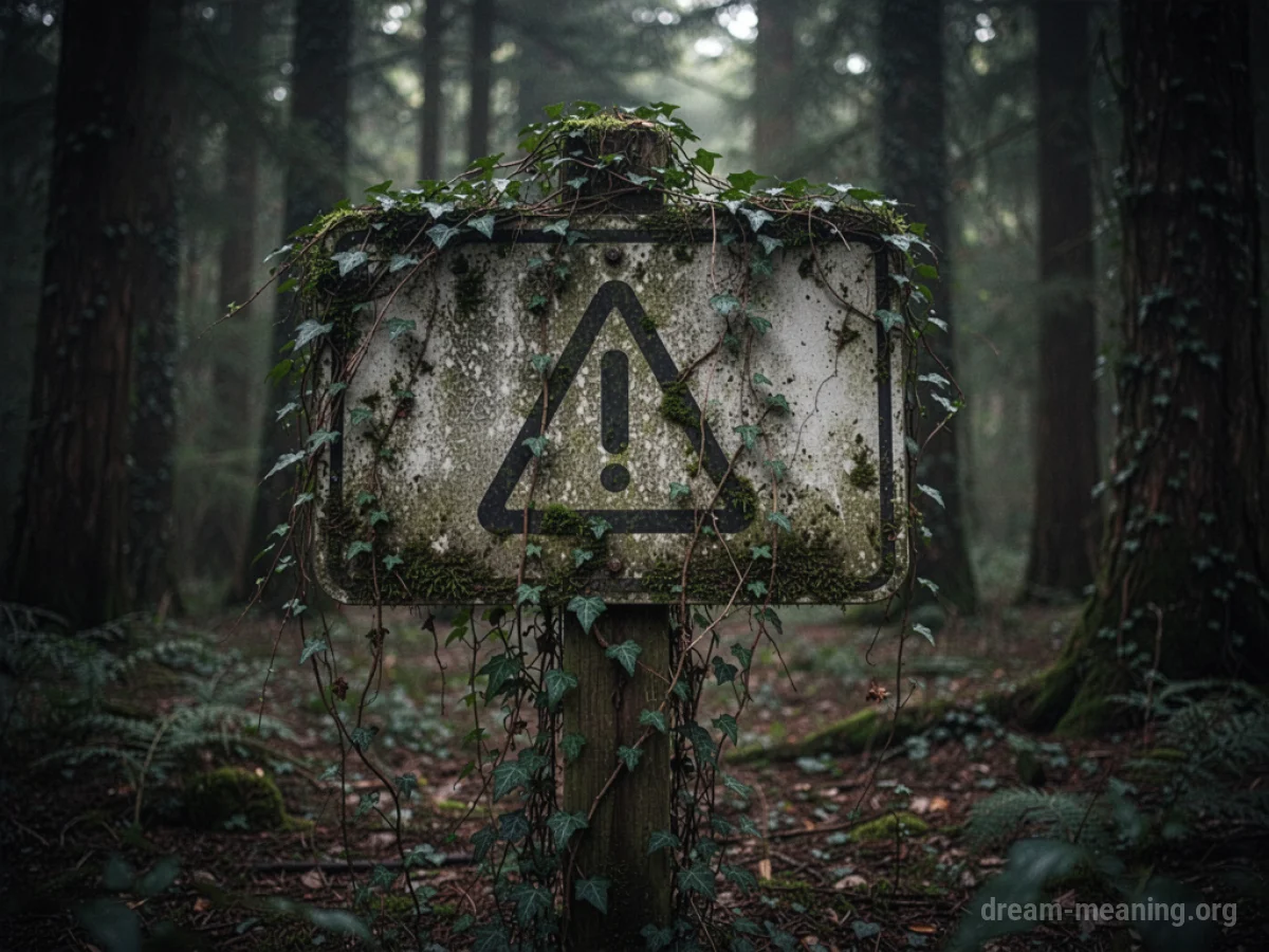A partially hidden warning sign in a shadowy forest.