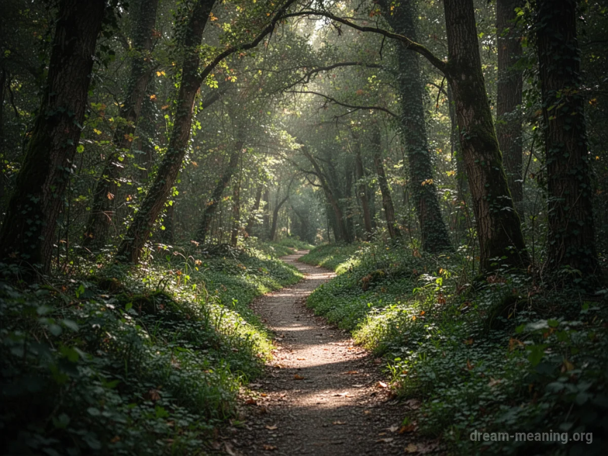 A narrow, overgrown trail entering a forest.