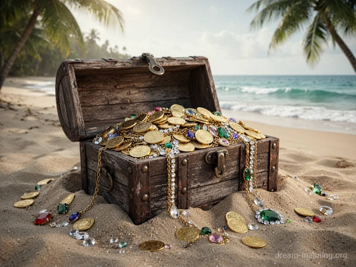 A treasure chest filled with gold coins and jewelry on a sandy beach.