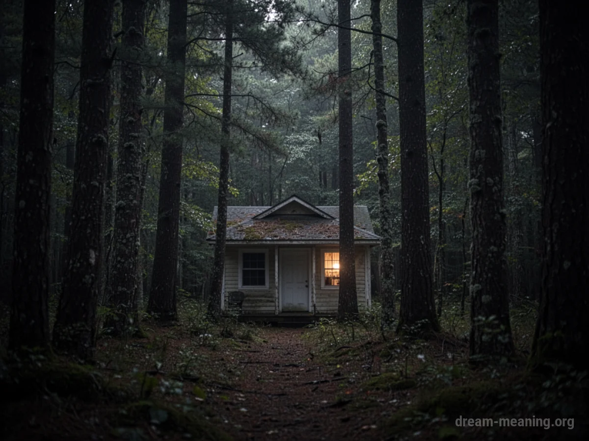 A dimly lit cabin nestled within a dense, dark forest.