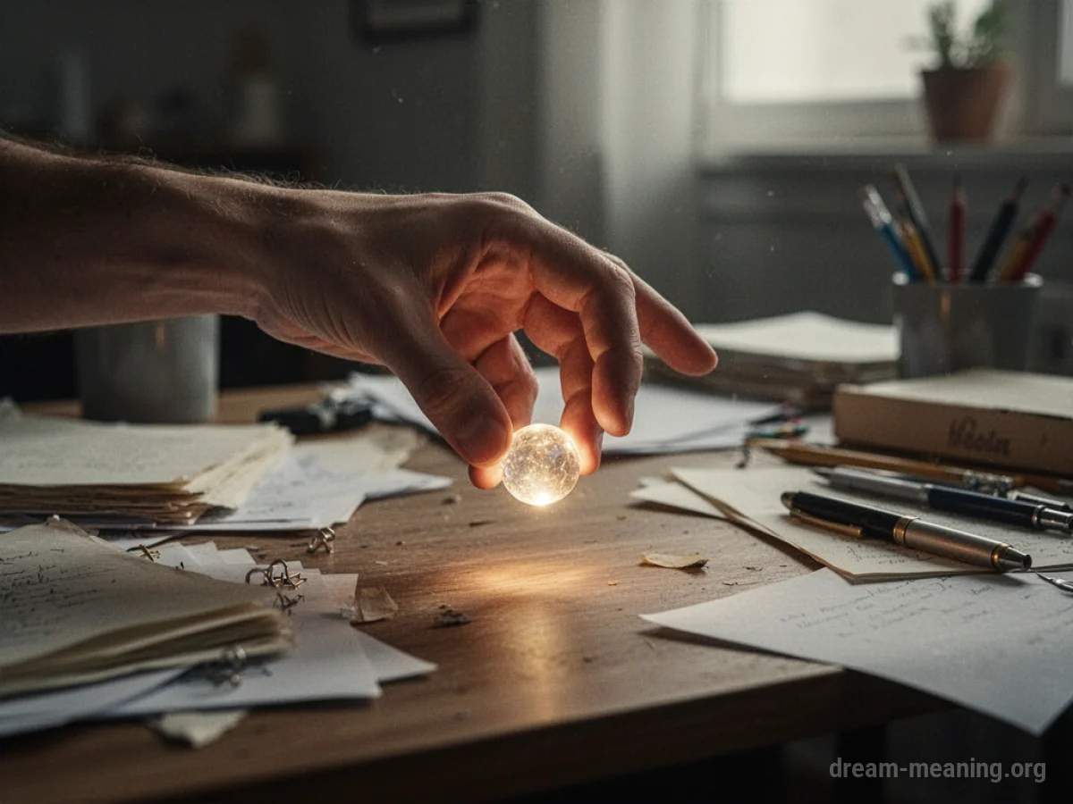 A hand reaching for a glowing object on a desk.