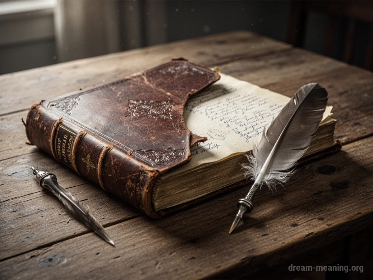 An open antique diary with a quill pen on a table.