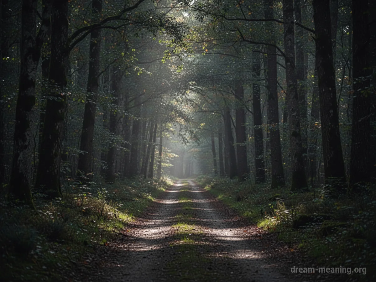 A narrow path winding through a dense, dark forest.