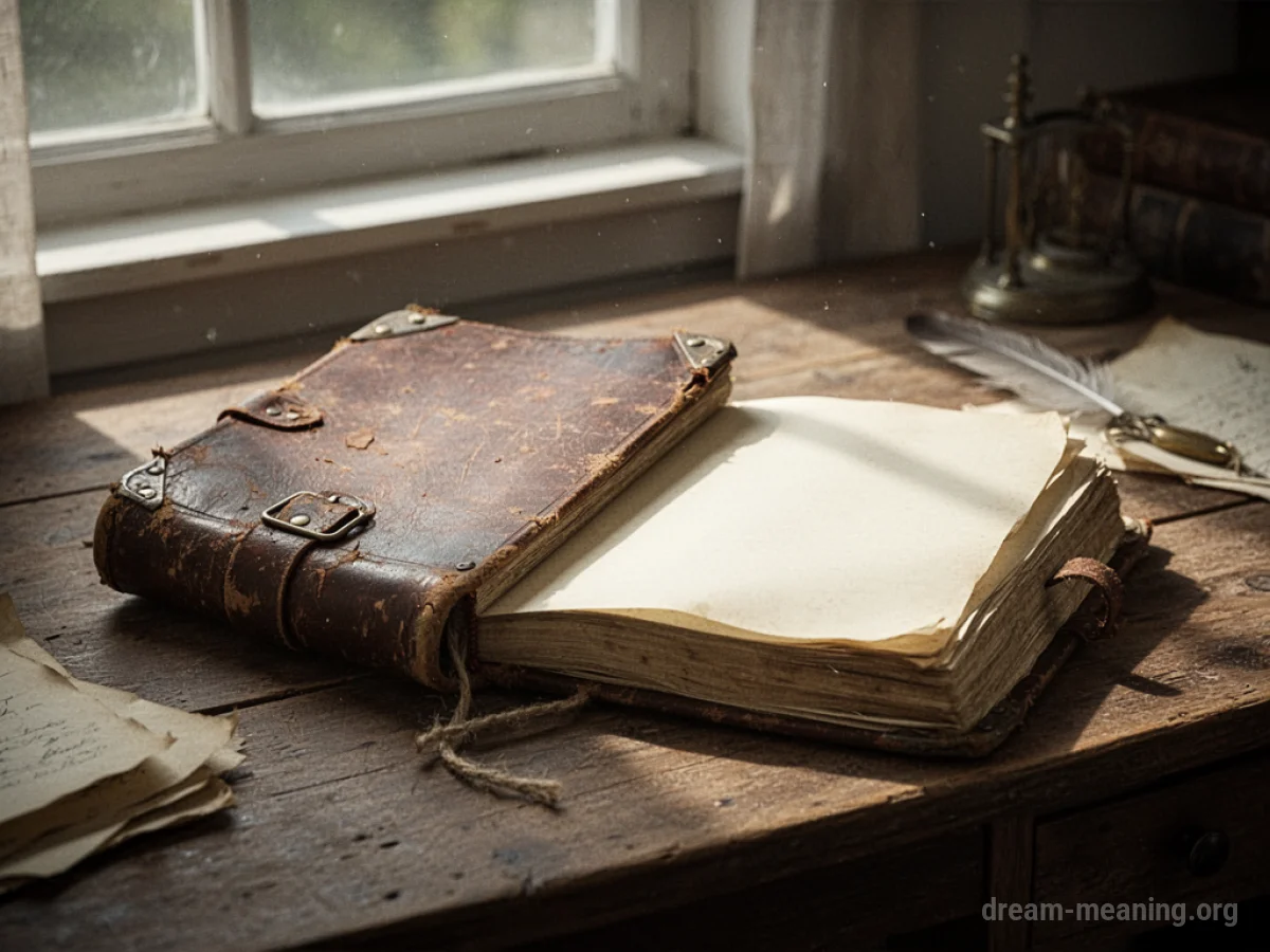 An open, aged diary resting on a wooden surface.
