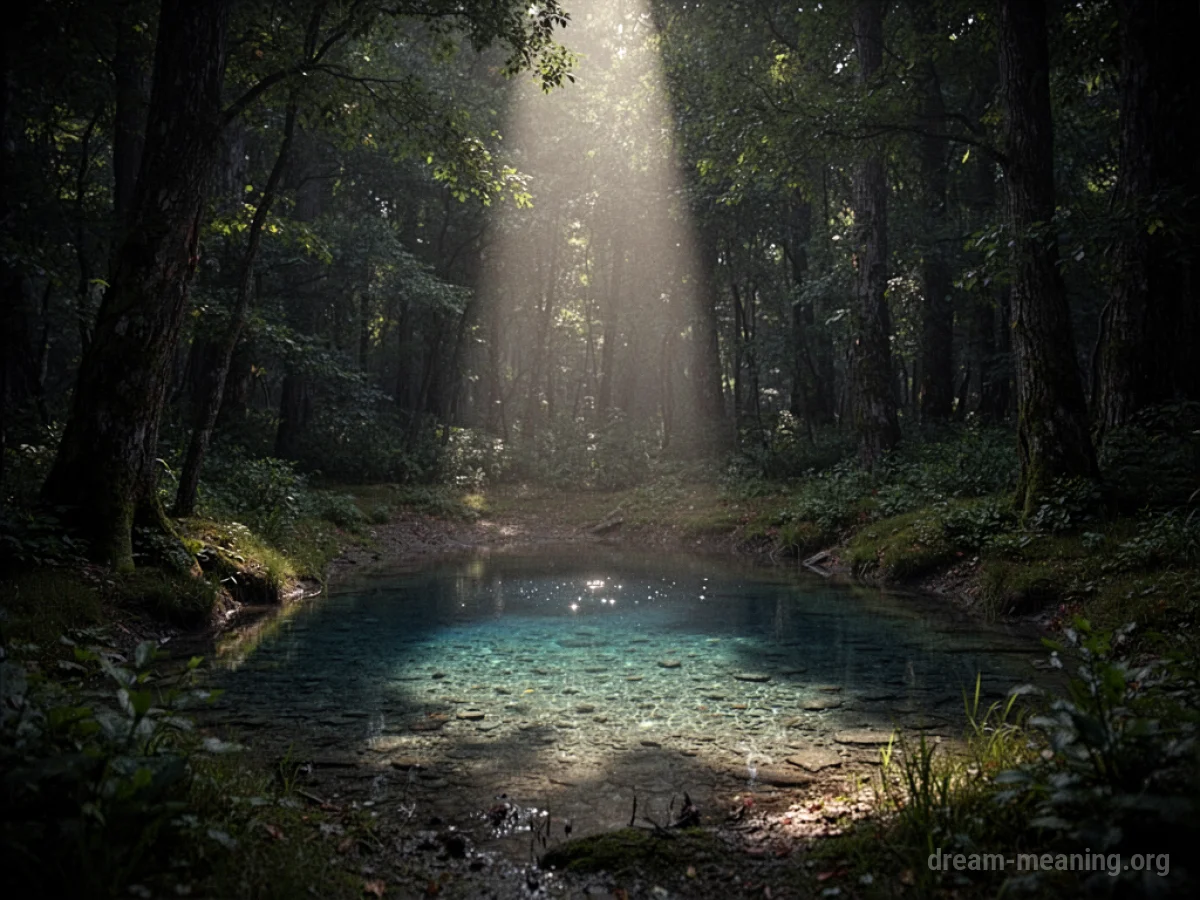 A pool of water reflecting light in a dark forest.