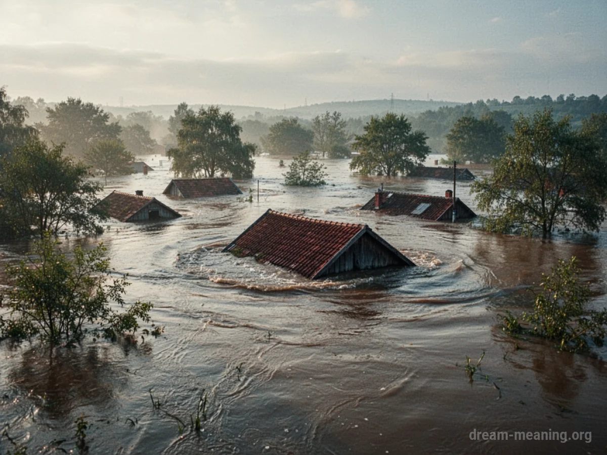 A vast expanse of water covering a landscape with only the tops of submerged structures visible.