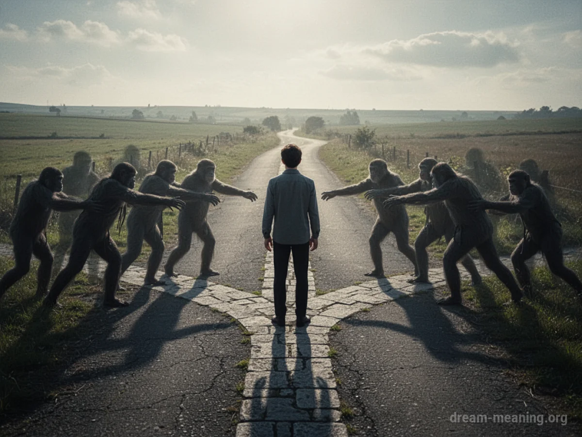 A person at a crossroads being pushed by shadowy figures.
