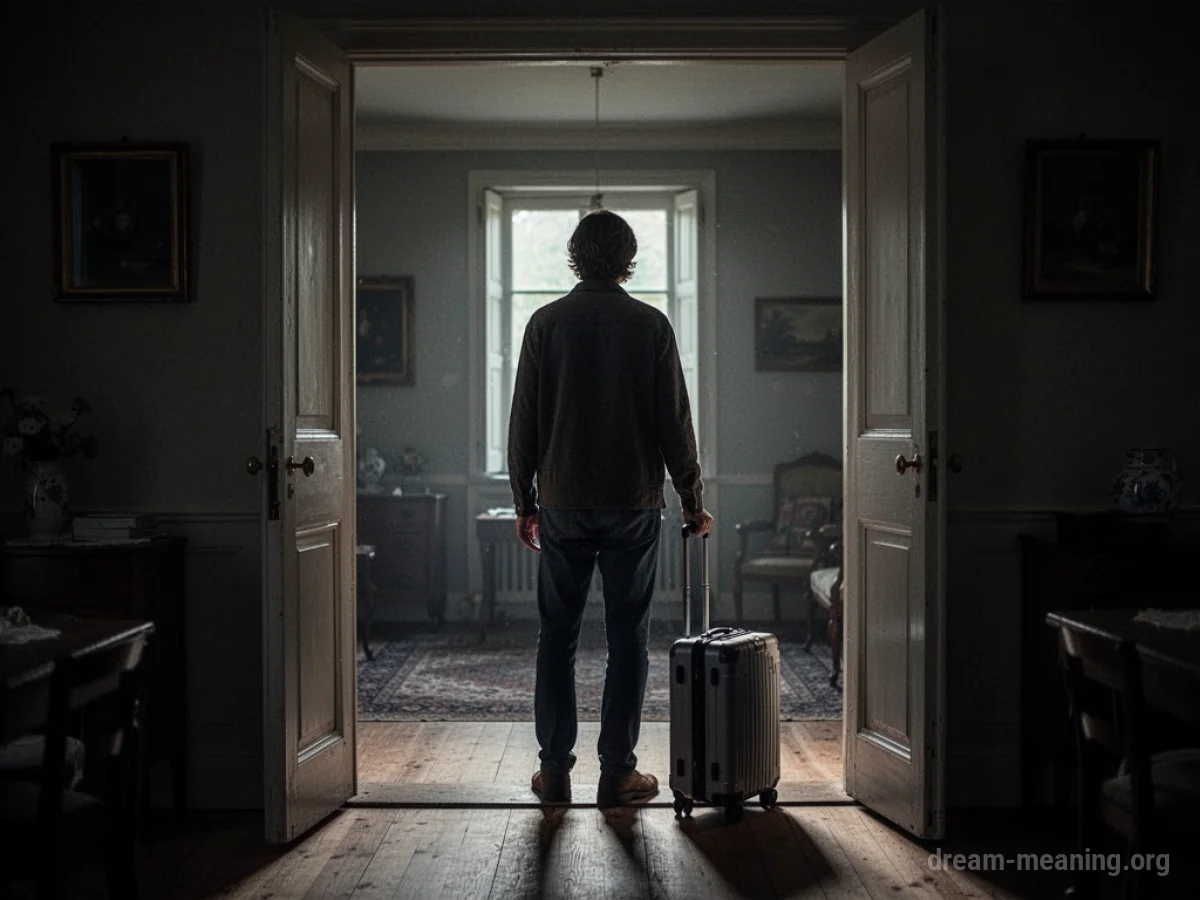 A person stands in a doorway looking back into a room, with a suitcase by their side.