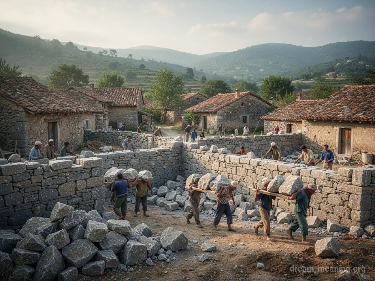 Workers constructing a stone wall around a village.