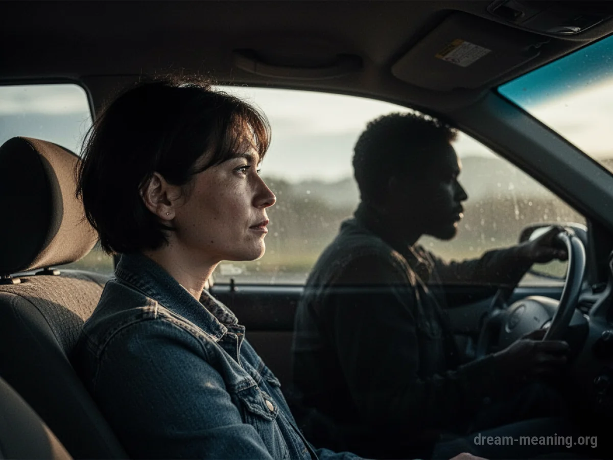 View from inside a car looking at the road ahead, with a driver's hands on the steering wheel.