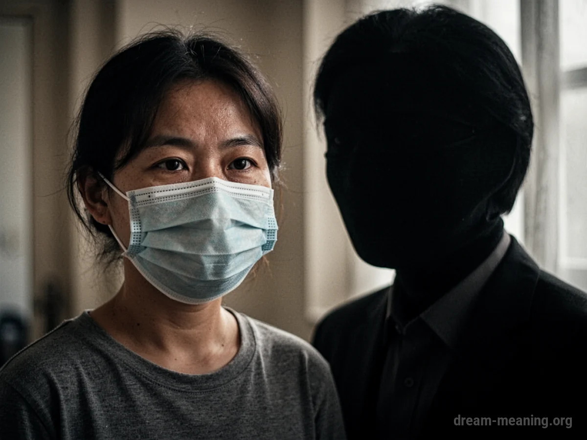 A person in a mask standing next to a shadowed figure.