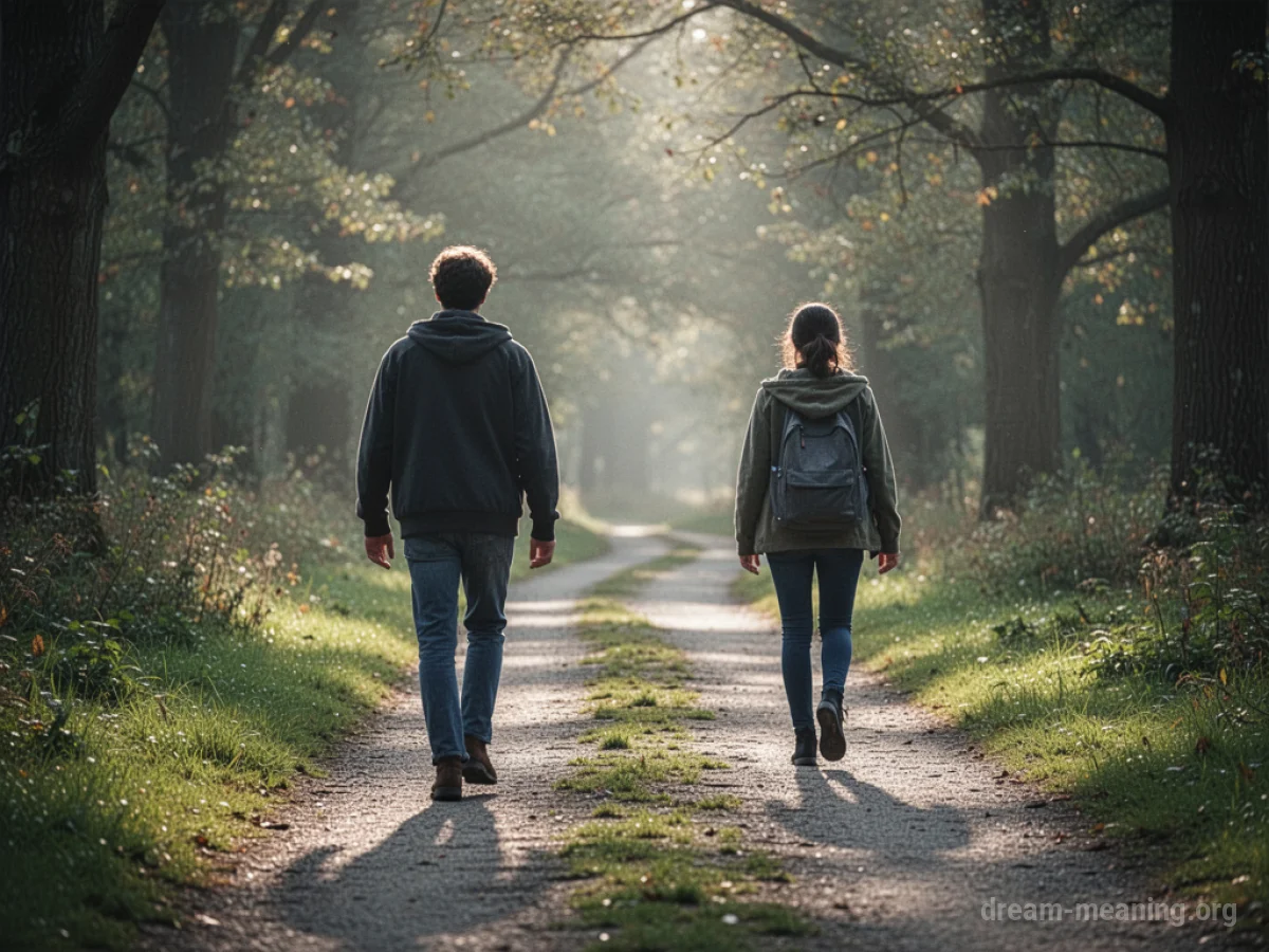 Two figures on a path, one moving away from the other.